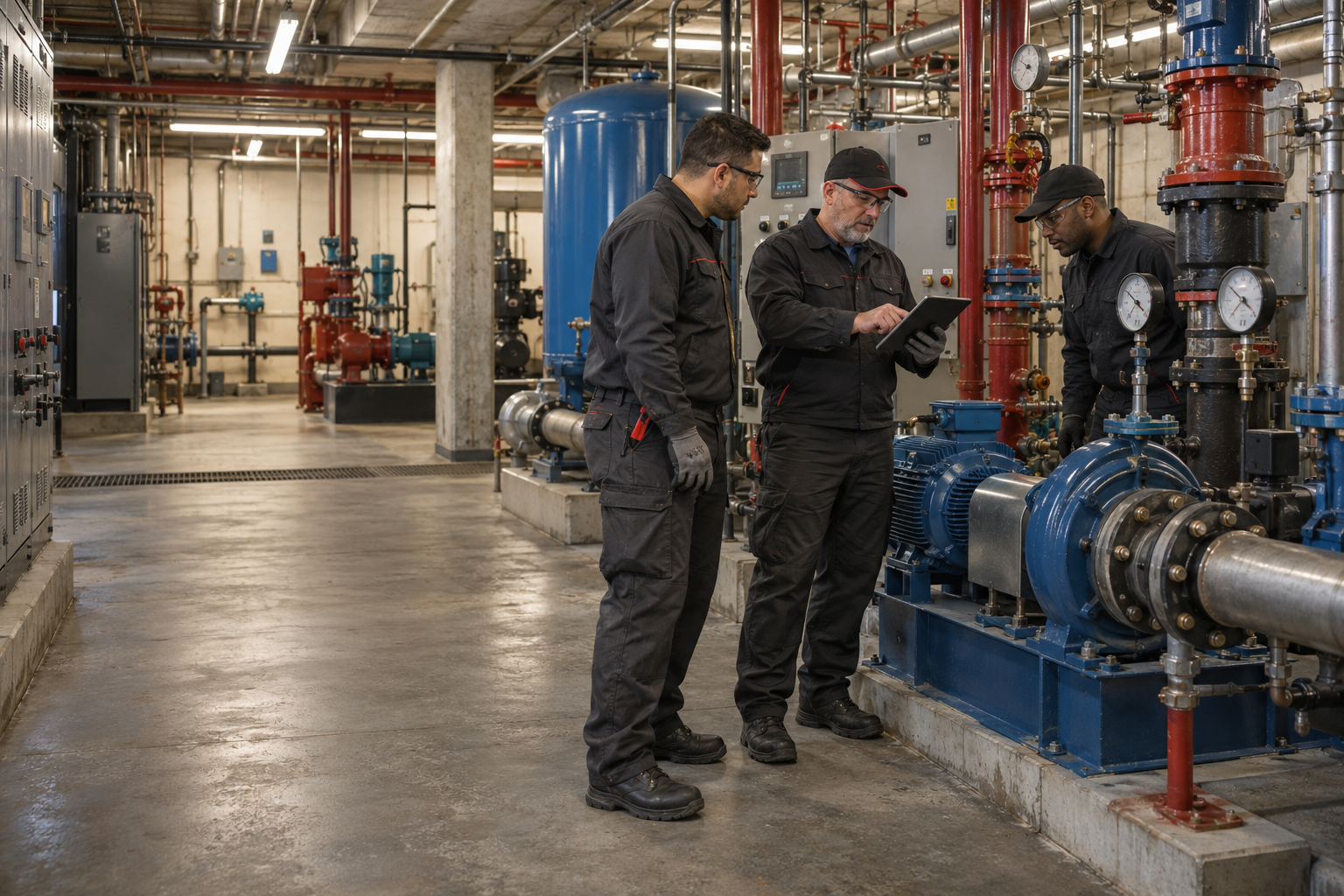 Experienced AAA Pump Services technicians evaluating commercial pump equipment in an NYC mechanical room